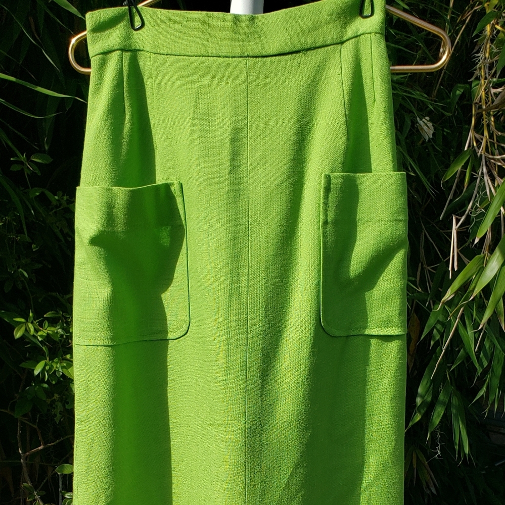 Vintage Bright Light Green Maxi Skirt With Large Patch Pockets Linen Poly S